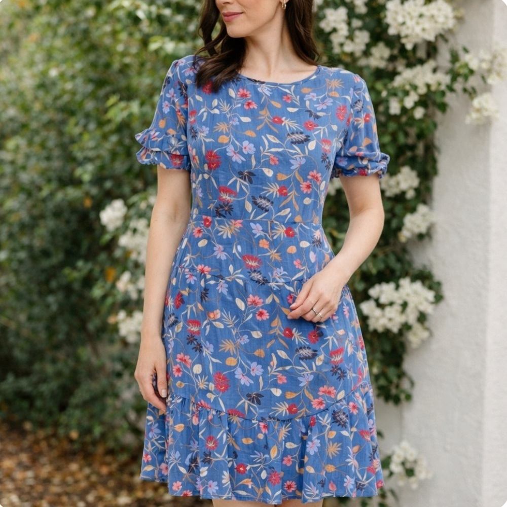 Loft Blue Floral Short Sleeve Rayon Dress Size 4 - 54304